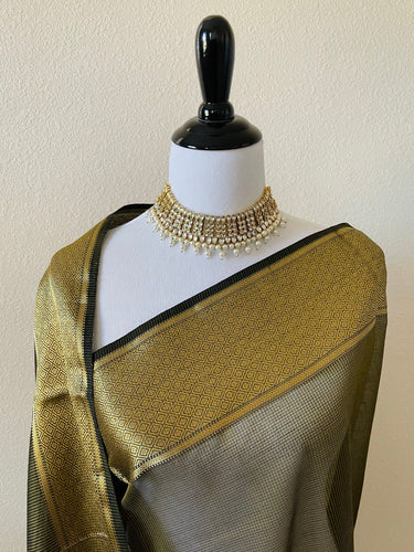 Maheshwari Cotton Silk Saree | Handloom Mark | Black & Gold | Ships from California